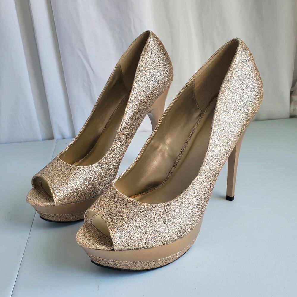 Women Gold Glitter Platform Peeptoe Heel Shoe 11 NYE Cocktail Club Wedding Prom - Picture 15 of 15